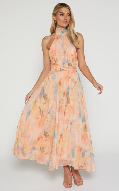 Halter Yaka Akvarel Desenli Maxi Elbise