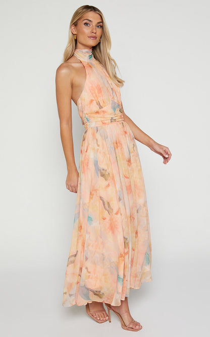 Halter Yaka Akvarel Desenli Maxi Elbise
