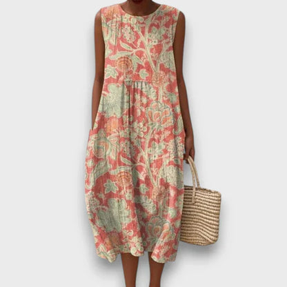 Thaleia – Vintage Çiçek Desenli Midi Elbise