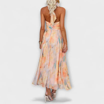 Halter Yaka Akvarel Desenli Maxi Elbise