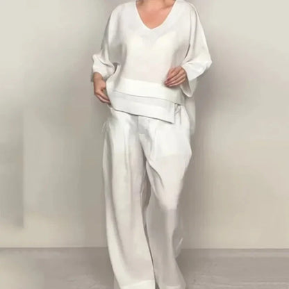 💎 Düzensiz Kesimli Pamuk-Keten 2 Parça Set – V Yaka Üst + Bol Paça Pantolon, nefes alabilir & zahmetsizce şık 🍂👚