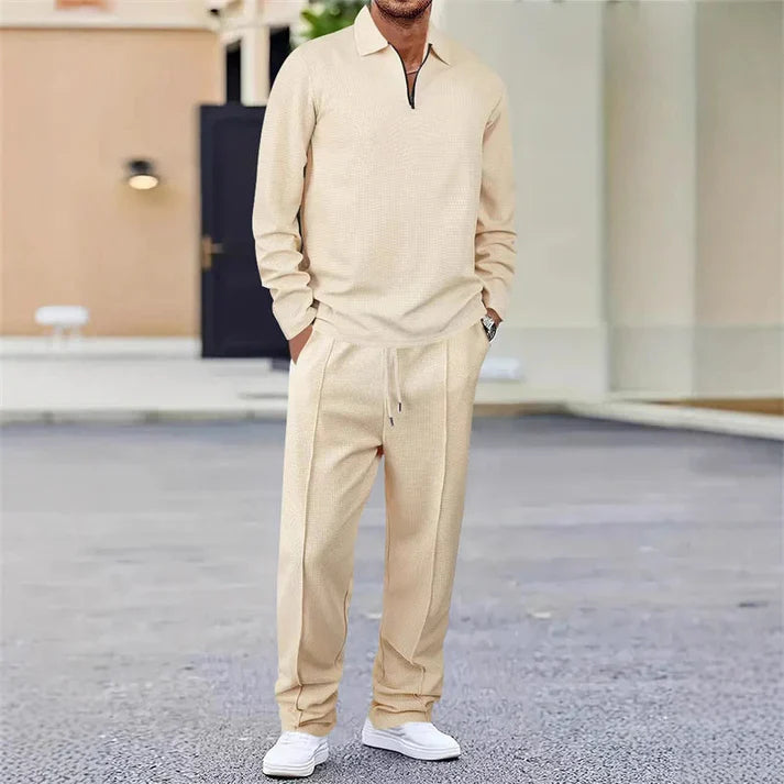 🏃👖 Waffle dokulu sweatshirt ve düz paça pantolondan oluşan erkek takımı