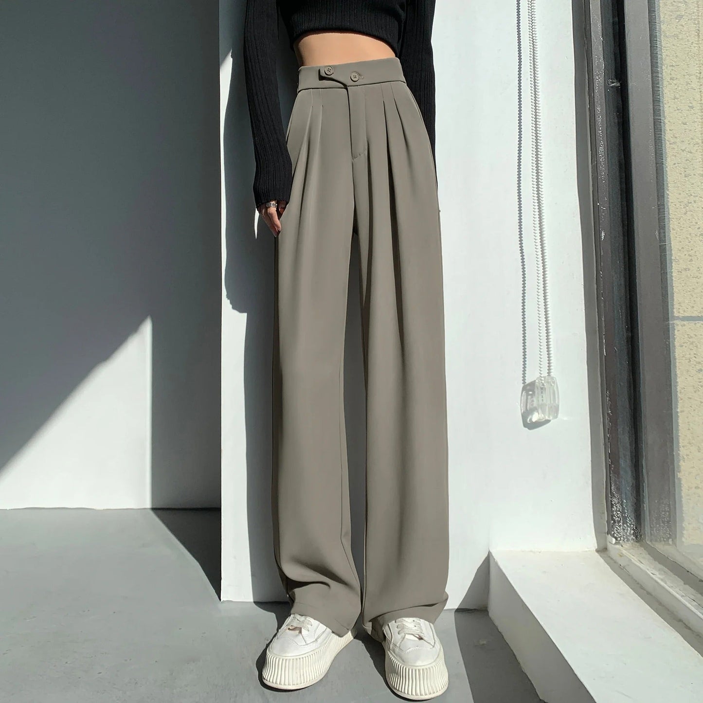Beyaz Minimalist Yüksek Bel Geniş Paça Pantolon